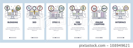 Mobile app onboarding screens. SEO and digital marketing, online shopping, web money. Menu vector banner template for website and mobile development. Web site design flat illustration 108949621