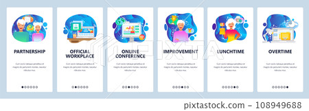 Mobile app onboarding screens. Business and office workplace, couple partnership, online conferenc. Menu vector banner template for website and mobile development. Web site design flat illustration 108949688