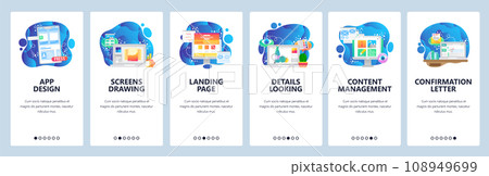 Mobile app onboarding screens. Mobile app design, landing page, web development, content management. Menu vector banner template for website and mobile development. Web site design flat illustration 108949699