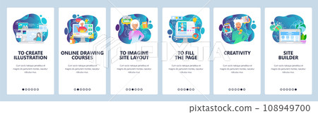 Mobile app onboarding screens. Draw digital illustration, media content, web development. Menu vector banner template for website and mobile development. Web site design flat illustration Mobile app onboarding screens. Draw digital illustration, media content, web development. Menu vector banner template for website and mobile development. Web site design flat illustration 108949700