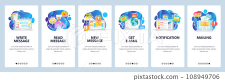 Mobile app onboarding screens. Send message, chat bot, new email notification, online cobtact. Menu vector banner template for website and mobile development. Web site design flat illustration 108949706