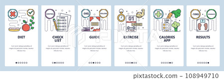 Mobile app onboarding screens. Healthy diet and fitness exercise, calories control, weights loss. Menu vector banner template for website and mobile development. Web site design flat illustration 108949710