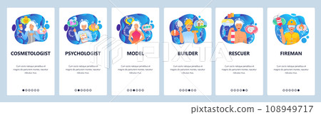 Mobile app onboarding screens. People career and profession, model, construction worker, firefighter. Menu vector banner template for website and mobile development. Web site design flat illustration 108949717