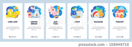 Mobile app onboarding screens. Morning breakfast meal, desert, restaurant food. Coffee, fried egg, soup, yogurt. Menu vector banner template for website and mobile development. Web site illustration Mobile app onboarding screens. Morning breakfast meal, desert, restaurant food. Coffee, fried egg, soup, yogurt. Menu vector banner template for website and mobile development. Web site illustration 108949728