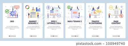Mobile app onboarding screens. Digital and seo marketing, speed optimization, traffic monitoring. Menu vector banner template for website and mobile development. Web site design flat illustration 108949740
