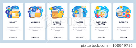 Mobile app onboarding screens. Breakfast meal, coffee, honey, toast, muffins, eggs with bacon. Menu vector banner template for website and mobile development. Web site design flat illustration Mobile app onboarding screens. Breakfast meal, coffee, honey, toast, muffins, eggs with bacon. Menu vector banner template for website and mobile development. Web site design flat illustration 108949755