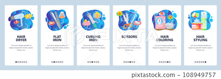 Mobile app onboarding screens. Hair beauty salon accessories, hairdryer, iron, coloring. Menu vector banner template for website and mobile development. Web site design flat illustration 108949757