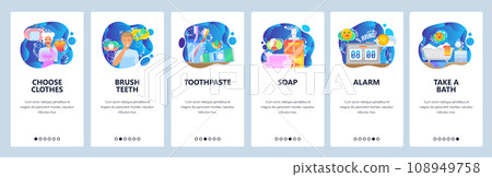 Mobile app onboarding screens. Morning routine, toothbrush, soap, alarm clock, taking a bath. Menu vector banner template for website and mobile development. Web site design flat illustration Mobile app onboarding screens. Morning routine, toothbrush, soap, alarm clock, taking a bath. Menu vector banner template for website and mobile development. Web site design flat illustration 108949758