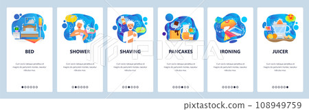 Mobile app onboarding screens. Bedroom interior, morning routine, shower, shaving, breakfast. Menu vector banner template for website and mobile development. Web site design flat illustration 108949759