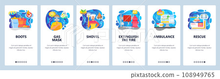 Mobile app onboarding screens. Fire figthing pipe and hydrant, protective wear, ambulance and rescue signal. Vector banner template for website and mobile development. Web site design illustration 108949765
