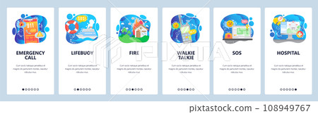 Mobile app onboarding screens. Emergency situation, sos signal, phone call, fire and hospital. Menu vector banner template for website and mobile development. Web site design flat illustration Mobile app onboarding screens. Emergency situation, sos signal, phone call, fire and hospital. Menu vector banner template for website and mobile development. Web site design flat illustration 108949767