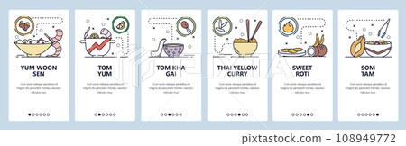 Mobile app onboarding screens. Thai cuisine, food menu, tom yum soup, roti, som tam salad, thai yellow curry. Vector banner template for website and mobile development. Web site design illustration 108949772