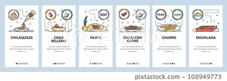 Mobile app onboarding screens. Mexican cuisine, cafe food menu, chilli, fajita, churro, chile relleno. Vector banner template for website and mobile development. Web site design flat illustration 108949773