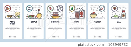 Mobile app onboarding screens. Indian cuisine and food, bhaji, biryani, curry, dal. Menu vector banner template for website and mobile development. Web site design flat illustration 108949782