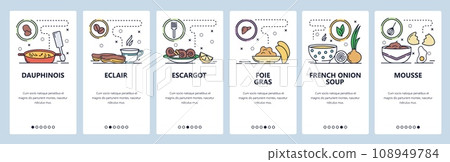 Mobile app onboarding screens. French food, cuisine, eclair, foie gras, onion soup. Menu vector banner template for website and mobile development. Web site design flat illustration Mobile app onboarding screens. French food, cuisine, eclair, foie gras, onion soup. Menu vector banner template for website and mobile development. Web site design flat illustration 108949784
