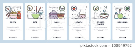 Mobile app onboarding screens. Food menu in cafe or restaurant, pasta, rice, soup, dressing. Vector banner template for website and mobile development. Web site design flat illustration Mobile app onboarding screens. Food menu in cafe or restaurant, pasta, rice, soup, dressing. Vector banner template for website and mobile development. Web site design flat illustration 108949792