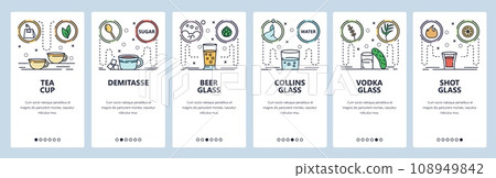 Mobile app onboarding screens. Alcohol glasses and cups. Menu vector banner template for website and mobile development. Web site design flat illustration 108949842