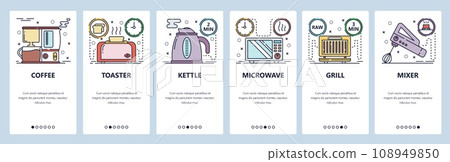 Mobile app onboarding screens. Kitchen appliances, home electronics, coffee, microwave, grill, kettle. Menu vector banner template for website and mobile development. Web site design flat illustration 108949850