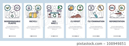 Mobile app onboarding screens. Eco plastic bag, recycle waste, contamination, environment, reforestation. Vector banner template for website and mobile development. Web site design flat illustration 108949851