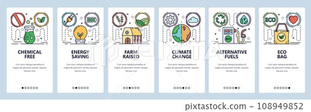 Mobile app onboarding screens. Green energy, global warming and climate change, eco bag. Menu vector banner template for website and mobile development. Web site design flat illustration 108949852