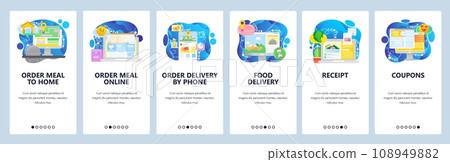 Mobile app onboarding screens. Food delivery service, order meal online, phone navigation, coupons. Menu vector banner template for website and mobile development. Web site design flat illustration Mobile app onboarding screens. Food delivery service, order meal online, phone navigation, coupons. Menu vector banner template for website and mobile development. Web site design flat illustration 108949882