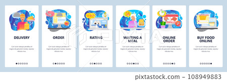 Mobile app onboarding screens. Order meal online, food delivery service, deliveryman. Menu vector banner template for website and mobile development. Web site design flat illustration 108949883