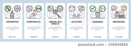 Mobile app onboarding screens. Stomach pain, health problems, disease, kidney infection, antiseptic. Menu vector banner template for website and mobile development. Web site design flat illustration Mobile app onboarding screens. Stomach pain, health problems, disease, kidney infection, antiseptic. Menu vector banner template for website and mobile development. Web site design flat illustration 108949884