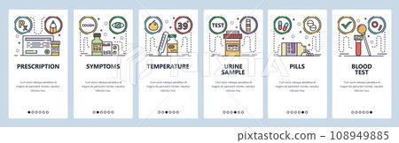 Mobile app onboarding screens. Blood and urine test samples, prescription drugs, pills vial, health. Menu vector banner template for website and mobile development. Web site design flat illustration 108949885