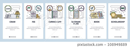 Mobile app onboarding screens. Education icons, tuition fee, scholarship, cram exam, books. Menu vector banner template for website and mobile development. Web site design flat illustration 108949889
