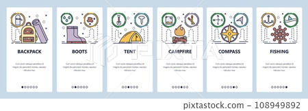 Mobile app onboarding screens. Outdoor travel, camping, tent, campfire, backpack. Menu vector banner template for website and mobile development. Web site design flat illustration Mobile app onboarding screens. Outdoor travel, camping, tent, campfire, backpack. Menu vector banner template for website and mobile development. Web site design flat illustration 108949892