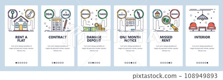 Mobile app onboarding screens. Rent a house contract, month notice, damage deposit, payment. Menu vector banner template for website and mobile development. Web site design flat illustration 108949893