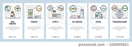 Mobile app onboarding screens. Medical icons, eye drops, drugs, syrup, syringe. Menu vector banner template for website and mobile development. Web site design flat illustration 108949901