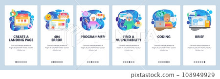 Mobile app onboarding screens. 404 error message, female software engineer, coding, search vulnerability. Vector banner template for website and mobile development. Web site design flat illustration 108949929