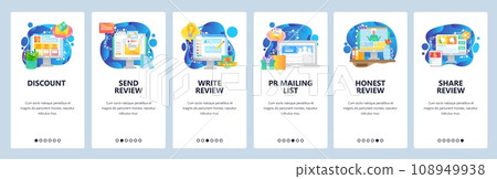 Mobile app onboarding screens. Online shopping and products reiew, sale, discount, promotion. Menu vector banner template for website and mobile development. Web site design flat illustration Mobile app onboarding screens. Online shopping and products reiew, sale, discount, promotion. Menu vector banner template for website and mobile development. Web site design flat illustration 108949938