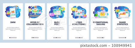 Mobile app onboarding screens. Digital media marketing, business analytics, video promotion and advertisement. Vector banner template for website and mobile development. Web site flat illustration Mobile app onboarding screens. Digital media marketing, business analytics, video promotion and advertisement. Vector banner template for website and mobile development. Web site flat illustration 108949941
