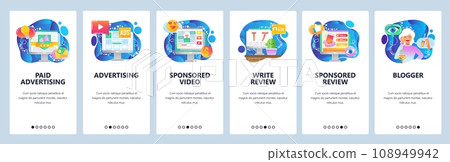 Mobile app onboarding screens. Digital media marketing, online advertisement, sponsored post, blogger. Menu vector banner template for website and mobile development. Web site design flat illustration 108949942
