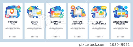 Mobile app onboarding screens. Cyber security technology, sync computer files, business documents, delete, email. Vector banner template for website and mobile development. Web site flat illustration Mobile app onboarding screens. Cyber security technology, sync computer files, business documents, delete, email. Vector banner template for website and mobile development. Web site flat illustration 108949951