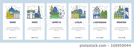 Mobile app onboarding screens. World capitals landmarks, travel destinations icons. Menu vector banner template for website and mobile development. Web site design flat illustration Mobile app onboarding screens. World capitals landmarks, travel destinations icons. Menu vector banner template for website and mobile development. Web site design flat illustration 108950044