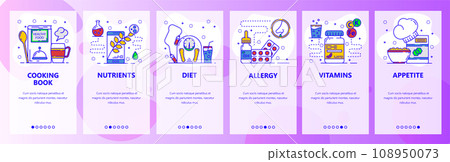 Mobile app onboarding screens. Food and healthy diet. food allergy. Menu vector banner template for website and mobile development. Web site design flat illustration 108950073