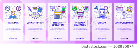 Mobile app onboarding screens. Education system, digital library in phone, illiterate. Menu vector banner template for website and mobile development. Web site design flat illustration Mobile app onboarding screens. Education system, digital library in phone, illiterate. Menu vector banner template for website and mobile development. Web site design flat illustration 108950074