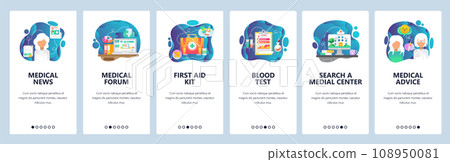 Mobile app onboarding screens. Medical doctor prescription, hospital and clinic building, first aid kit, medicine news. Vector banner template for website and mobile development. Web site illustration 108950081