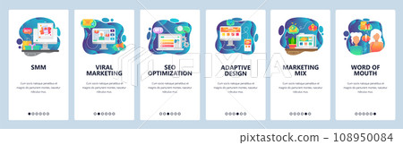 Mobile app onboarding screens. Online digital marketing, SMM, SEO, viral marketing. Menu vector banner template for website and mobile development. Web site design flat illustration 108950084