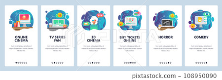Mobile app onboarding screens. Online cinema, movie tickets, 3D glasses, TV series. Menu vector banner template for website and mobile development. Web site design flat illustration 108950090