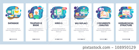 Mobile app onboarding screens. Business and finance document, database, phone book, office workplace. Menu vector banner template for website and mobile development. Web site design flat illustration. 108950129