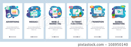 Mobile app onboarding screens. Digital internet marketing, advertising, mobile marketing. Menu vector banner template for website and mobile development. Web site design flat illustration Mobile app onboarding screens. Digital internet marketing, advertising, mobile marketing. Menu vector banner template for website and mobile development. Web site design flat illustration 108950140