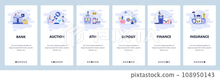 Mobile app onboarding screens. Banking and financial services, auction, atm, deposit saving account, insurance. Vector banner template for website and mobile development. Web site flat illustration Mobile app onboarding screens. Banking and financial services, auction, atm, deposit saving account, insurance. Vector banner template for website and mobile development. Web site flat illustration 108950143