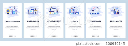 Mobile app onboarding screens. Business management, teamwork, lunch break, freelancer and office. Menu vector banner template for website and mobile development. Web site design flat illustration 108950145