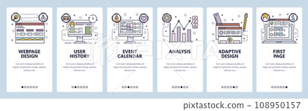 Mobile app onboarding screens. Webpage and landing design, user profile, analysis. Menu vector banner template for website and mobile development. Web site design flat illustration 108950157
