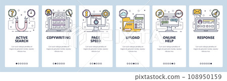 Mobile app onboarding screens. Files upload, copywriting, online support chat, help service. Menu vector banner template for website and mobile development. Web site design flat illustration 108950159