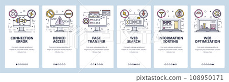 Mobile app onboarding screens. Connection error, access denied, SEO optimization and web development. Menu vector banner template for website and mobile development. Web site design flat illustration 108950171